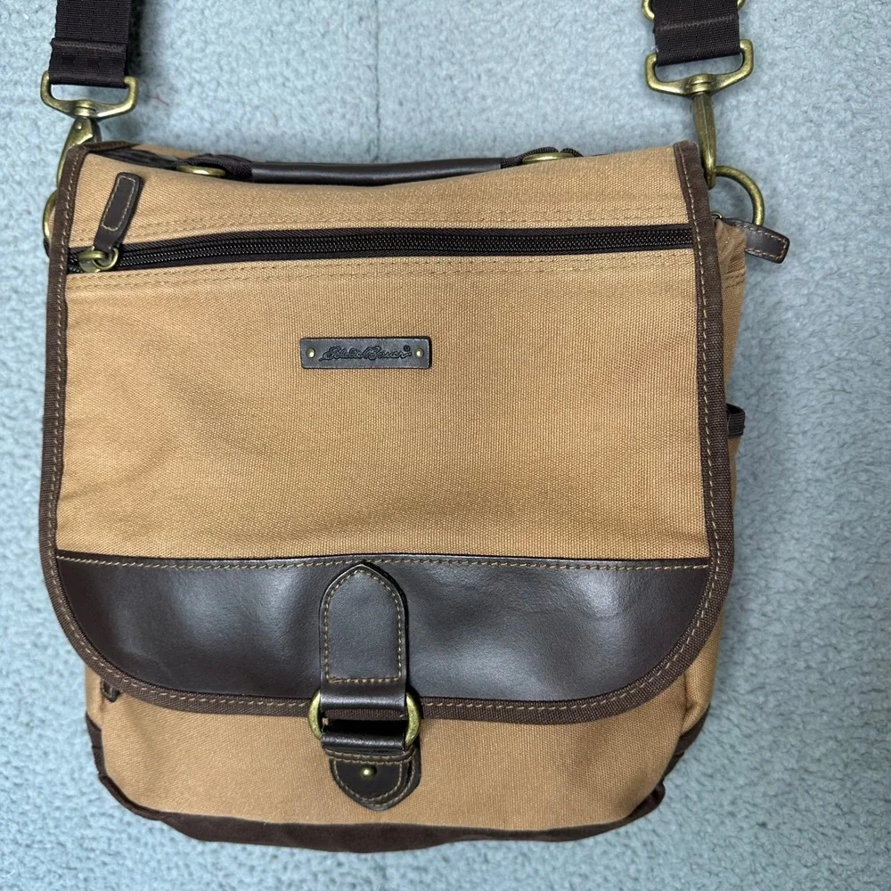 Eddie Bauer Tan Canvas Messenger Bag Brown Crossbody Satchel Brass Hardware